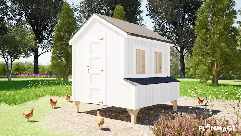 Detailed architectural blueprint and woodworking layout for an 8x8 DIY chicken coop. The clean black-and-white line art illustrates the structural framing, precise wall dimensions, and placement of the nesting boxes and roosting bars. Created with professional precision, these Planmage PDF building plans include comprehensive material lists and step-by-step assembly diagrams, allowing weekend woodworkers to build a durable, high-quality shelter for a flock of up to 20 chickens.