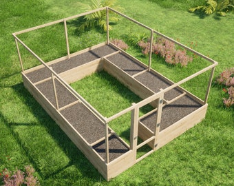 May include: A wooden raised garden bed with a U-shaped design. The bed is filled with dark soil and surrounded by a wooden frame. The structure is set on a green lawn with flowering plants.