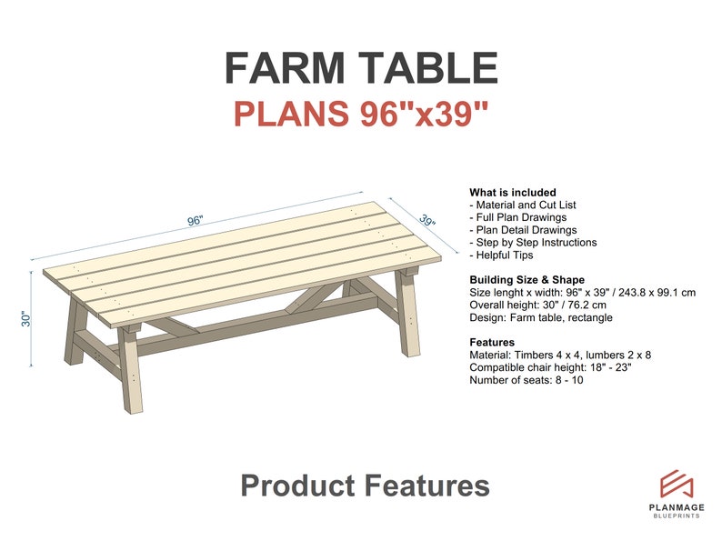 Farm Picnic Table Plans / Outdoor Picnic Table Plans / Picnic Table Plans / Garden Picnic Table Plans / Patio Pinic Table Plans / Farmhouse Style Table Plans / Outdoor Furniture Plans / Patio Furniture Plans / Garden Furniture Plans