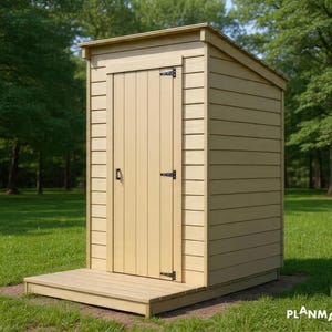 May include: A light tan wooden storage shed with a single door and a small porch. The shed has a sloped roof and is surrounded by green grass and trees. The door has black hinges and a handle.