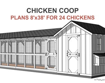 大型鶏小屋の設計図:8 x 38フィート、鶏24羽(PDFダウンロード 大型鶏小屋の設計図:8 x 38フィート、鶏24羽(PDFダウンロード