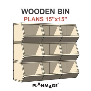 May include: Wooden bin plans with dimensions 15" x 15". The image shows a 3-tiered wooden storage bin with multiple compartments. The design features angled openings for easy access. The text "WOODEN BIN PLANS 15"x15"" is displayed at the top.