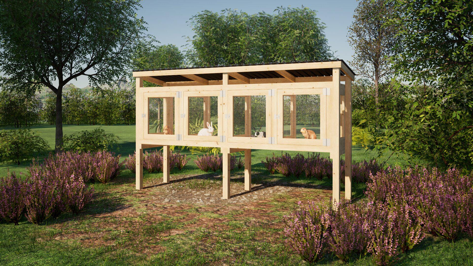 Free Range Rabbit Paddock Design Outdoor Rabbit Hutch Plans 4 Cages 12x3 Ft - PDF Instructions Digital ...
