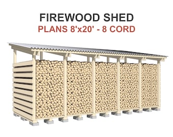 Firewood Shed Plans 8x20 ft - DIY 8 Cord Woodshed Roof Inclined to Front