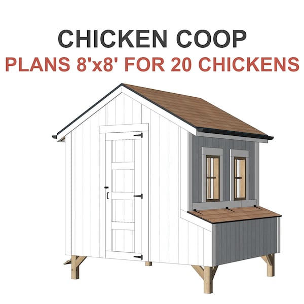 Chicken Coop Plans 20 Chickens - 8x8 ft Building Size PDF Download