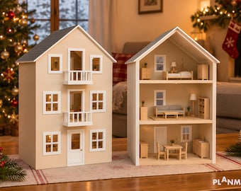 Doe-het-zelf poppenhuisplannen met garage - Houten poppenhuis van 3 x 48 cm met 3 verdiepingen + zolder (PDF-download)