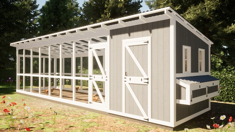 Walk-in Chicken Coop Plans / Chicken Shed Plans - Best for 20-24 Chickens and Plywood Panel Siding  / Large Chicken Coop Plans DIY / Chicken Coop Plans with Run PDF / Hen House Plans with Chicken Run / Small Farm - Best 8x32 Chicken Coop Plans