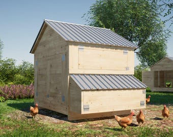 May include: A wooden chicken coop with a metal roof and a nesting box. The coop has a door on the front and a window on the side. There are several chickens in the yard around the coop.