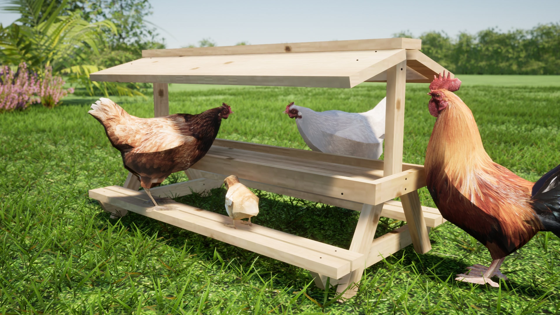 Roofed Chicknic Table 32x17 in Plans - DIY Chicken Picnic Table PDF