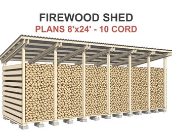 Firewood Shed Plans 10 Cord - DIY 8x24 ft Woodshed