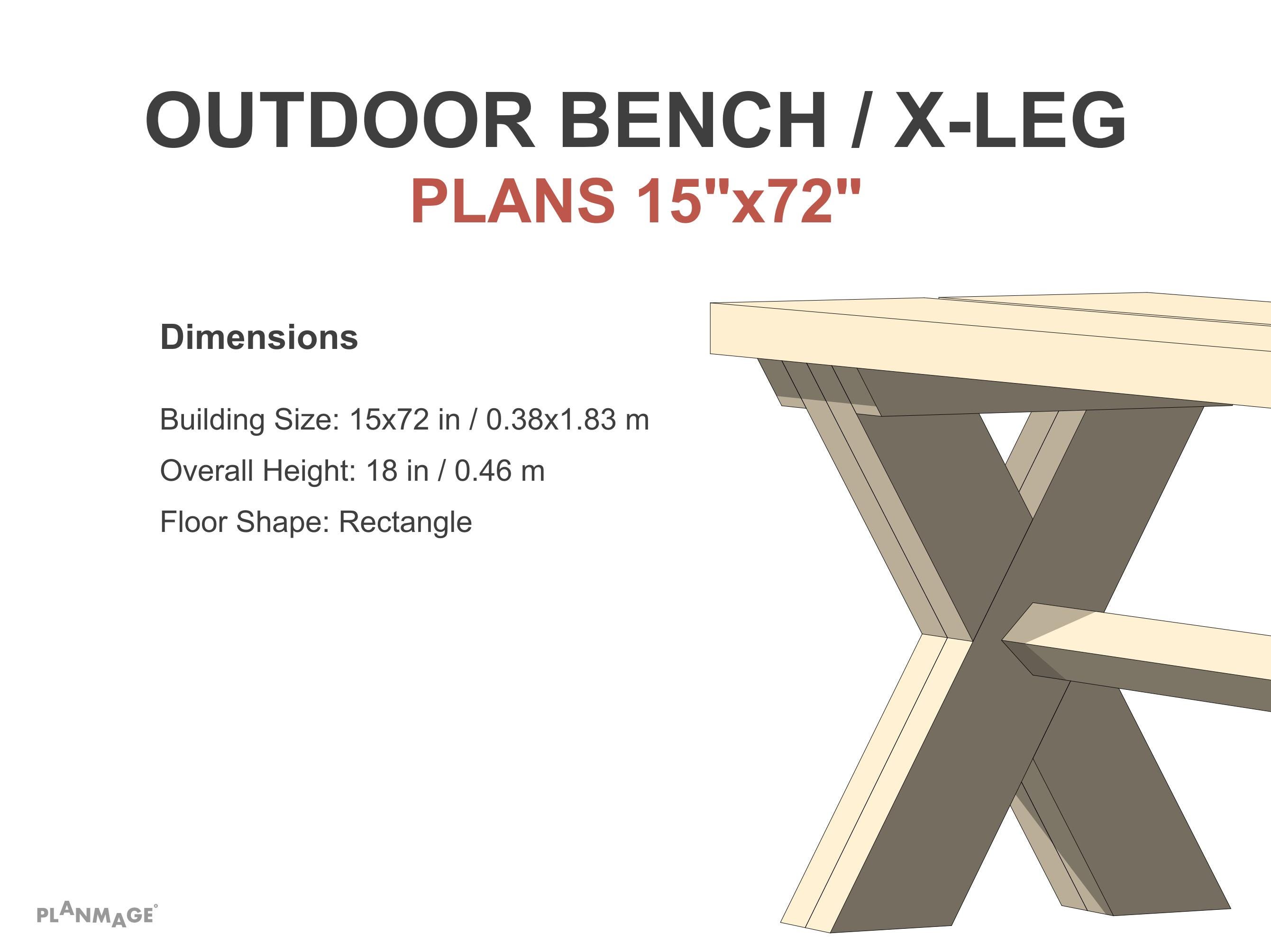 屋外ベンチの設計図 15 x 72インチ X脚スタイル - DIYガーデンベンチ