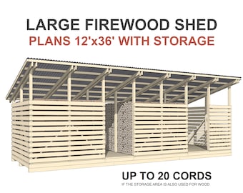 Large Firewood Shed Plans 12x36 ft DIY Woodshed Storage 20 Cord