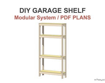 Planos para estantería de garaje de bricolaje de 16x48, estantería modular de almacenamiento en formato PDF.