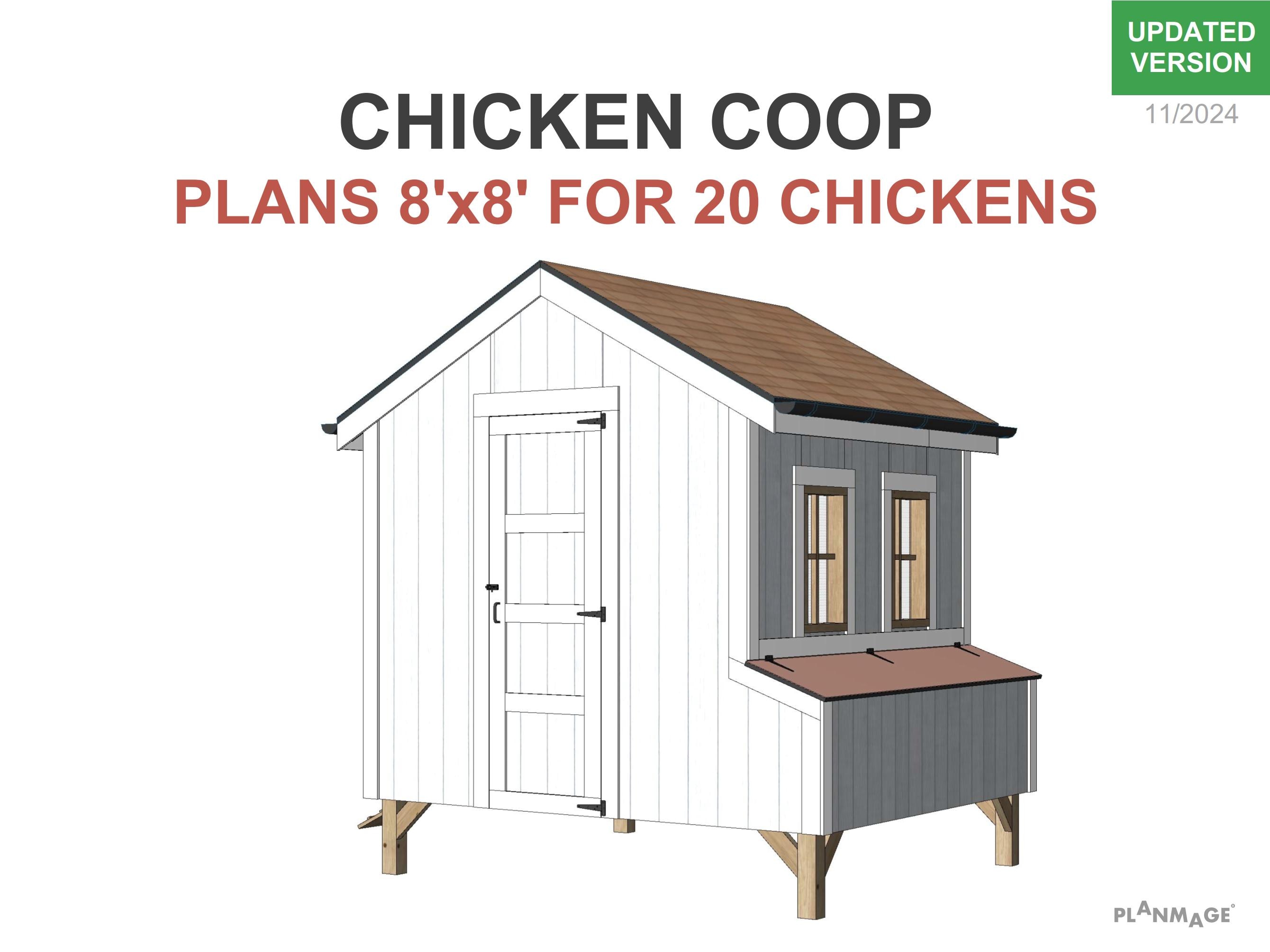 鶏小屋の設計図（20羽用）- 8 x 8フィートの建物サイズ PDF 
