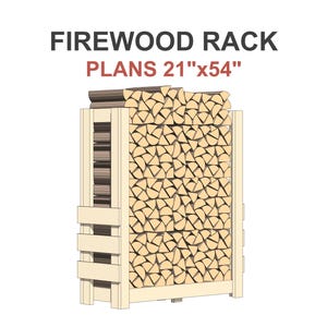 May include: A wooden firewood rack with the text "FIREWOOD RACK PLANS 21"x54"". The rack is filled with cut logs and has a light wood frame. The rack measures approximately 53 cm x 137 cm. The design is a simple, rectangular shape.