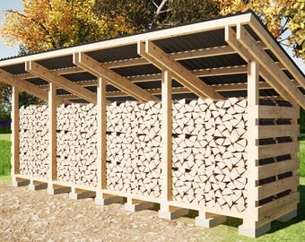 Planos de cobertizo para leña de 4 x 16 pies: cobertizo para leña de 2 cuerdas para bricolaje, planos de carpintería, descarga digital
