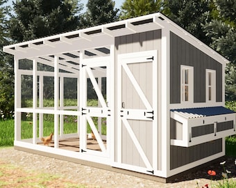 May include: A white and gray chicken coop with a screened-in run. The coop has a white door and a nesting box with a blue roof. The run has a white frame and a wire mesh.