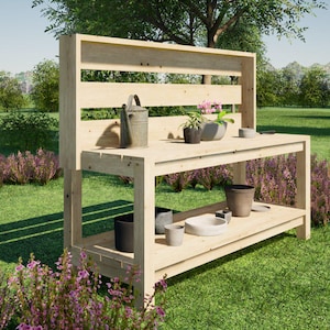 Large Potting Bench Plans 7x2 ft with Slatted Back - DIY Digital Download