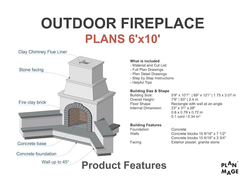 Corner Outdoor Fireplace Plans 6x10 Ft PDF DIY Blueprint Download Etsy