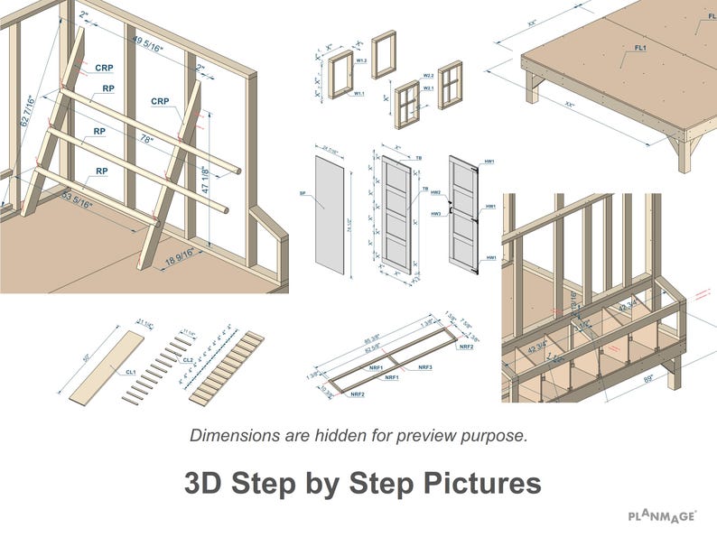 nstruction manual page from an 8x8 chicken coop PDF blueprint showing a comprehensive lumber cut list and hardware requirements. The digital plans guide builders through framing the floor, walls, and a secure roof to safely house 20 chickens. Engineered by Planmage to minimize material waste and simplify the DIY building process, these architectural-grade woodworking plans provide everything you need to confidently construct a spacious, professional-quality poultry shed in your backyard.