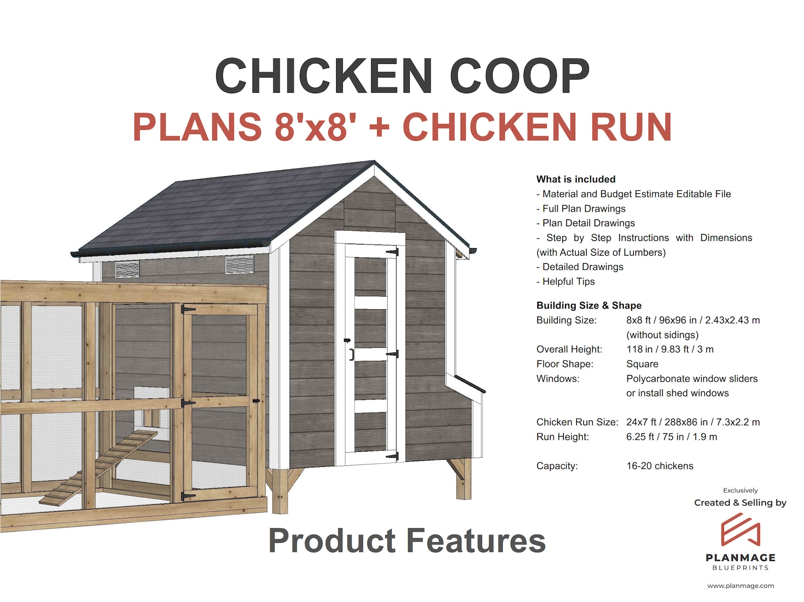 Chicken Coop Plans 20 Chickens Run DIY 8x8 Ft Plans PDF Etsy