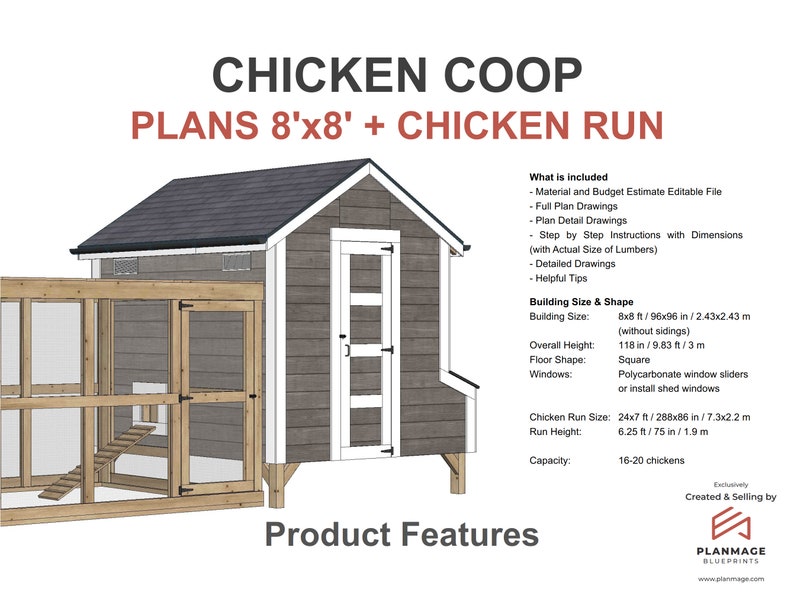 Chicken Coop Plans 20 Chickens Run DIY 8x8 Ft Plans PDF Etsy