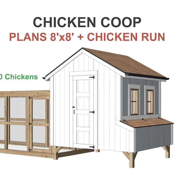 Chicken Coop Plans DIY 8x8 ft - PDF Chicken Coop with Run