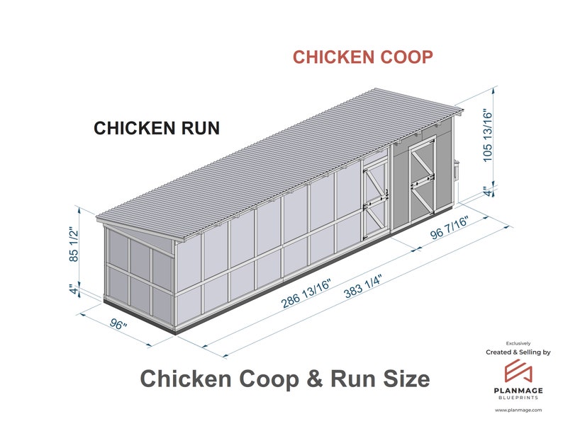 Walk-in Chicken Coop Plans / Chicken Shed Plans - Best for 20-24 Chickens / Large Chicken Coop Plans DIY / Chicken Coop Plans with Run / Hen House Plans / Small Farm PDF Blueprint - size 8x32 Plans, chicken run size, chicken coop size