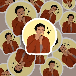 May include: A set of 10 colourful stickers featuring a person eating a sandwich. Each sticker has a white border and a light blue background with white stars.