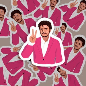 Pedro Pascal Sticker, Pink Suit, Peace Sign