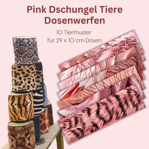 May include: Pink jungle animal themed can covers for a game of can toss.  The covers are printed with pink flamingo, tiger, leopard, and snake patterns.  10 Tiermuster für 29 x 10 cm Dosen.
