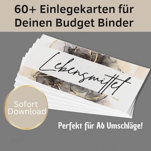 Può includere: Un mazzo di carte bianche con disegni astratti in nero e oro. La carta superiore ha la parola "Lebensmittel" scritta in corsivo nero. Il testo "60+ Einlegekarten für Deinen Budget Binder" è nella parte superiore dell'immagine. Il testo "Sofort Download" è in un cerchio nella parte inferiore sinistra dell'immagine. Il testo "Perfekt für A6 Umschläge!" è nella parte inferiore destra dell'immagine.