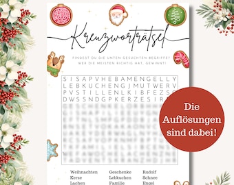 May include: A Christmas-themed word search puzzle sheet featuring the German title Kreuzworträtsel, a grid of letters, and a list of words including Weihnachten and Geschenke. A red circular badge states Die Auflösungen sind dabei.