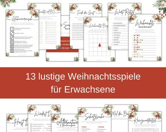 May include: A collection of thirteen printable Christmas game sheets for adults, featuring white paper with black text and festive holly and berry illustrations at the top and bottom. The sheets include various activities like word puzzles, bingo, and emoji guessing games.