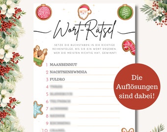 May include: A Christmas word puzzle game sheet titled Wort-Rätsel with ten numbered lines of scrambled letters. The page features watercolor illustrations of gingerbread cookies, a Santa face, and a red circle with the text Die Auflösungen sind dabei!