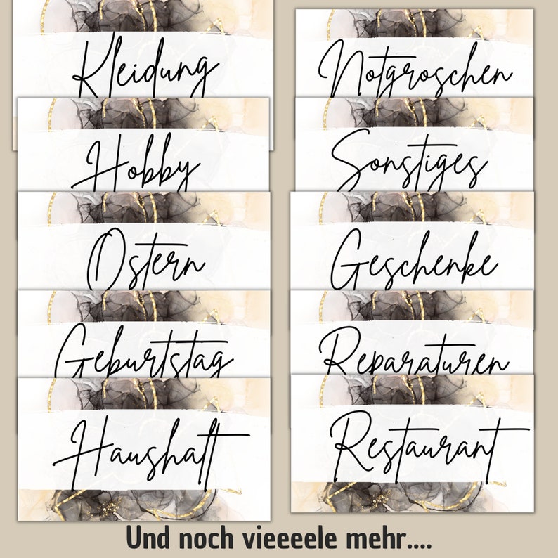 May include: A set of ten white cards with black calligraphy text. The cards are arranged in two columns of five cards. The text on the cards reads: "Kleidung", "Hobby", "Ostern", "Geburtstag", "Haushalt", "Notgroschen", "Sonstiges", "Geschenke", "Reparaturen", "Restaurant". The text at the bottom of the image reads: "Und noch vieeeele mehr..."