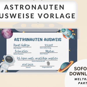 Plantilla de tarjeta de identificación de astronauta Cumpleaños espacial Tarjeta de identificación de astronauta Juegos de cumpleaños espaciales para niños Fiesta de astronautas Decoraciones de cumpleaños para niños