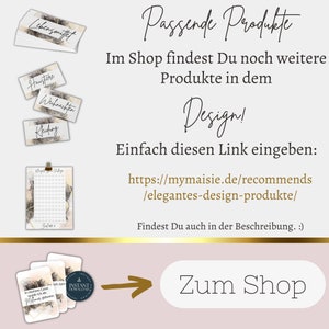 May include: A graphic with a gold arrow pointing to the right, with the text "Zum Shop" in a white circle. The graphic is on a pink background. The text "Passende Produkte" is at the top of the graphic. The text "Im Shop findest Du noch weitere Produkte in dem Design!" is below the title. The text "Einfach diesen Link eingeben: https://mymaisie.de/recommends/elegantes-design-produkte/" is below the text about the shop. The text "Findest Du auch in der Beschreibung. :)" is below the link.