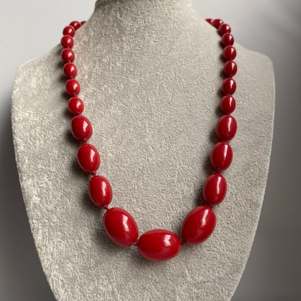 Unsigned Graduated Knotted Red Plastic Bead Necklace