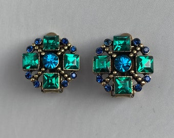 Unsigned Gold Tone Metal, Blue & Green Rhinestone Ornate Design Clip On Earrings