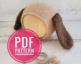 PDF! Puppy newborn knitting bonnet pattern. Animal hat tutorial. Newborn props pattern