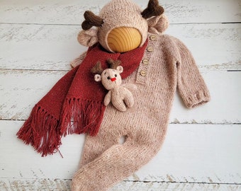 Newborn Deer Outfit /bonnet, Romper, Scarf Christmas Newborn
