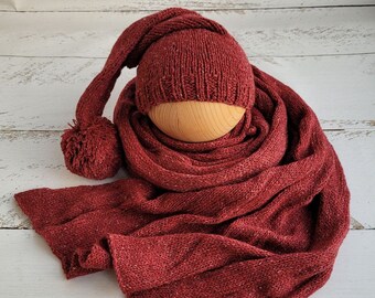 Red wine tweed newborn sleepy cap with wrap. Newborn photo props.