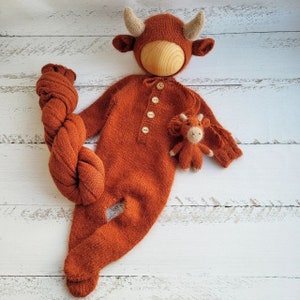 Newborn Cow Photo Prop Set: Knit Bonnet, Romper, Wrap & Toy
