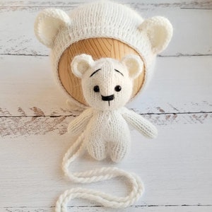 white Teddy Bear bonnet, romper, wrap, toy. Polar bear outfit. Newborn photo props