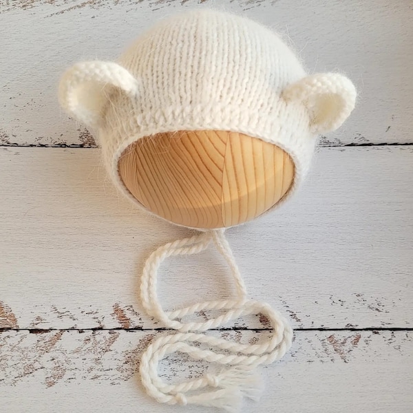 PDF! Bear newborn knitting bonnet pattern. Animal hat tutorial. Newborn props pattern