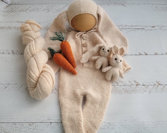 Cream Bunny bonnet, romper, wrap, toy. Rabbit outfit/ Easter Newborn photo props