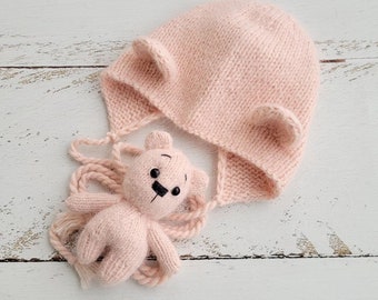 Peach Pink Bear and Hat /Newborn photo props