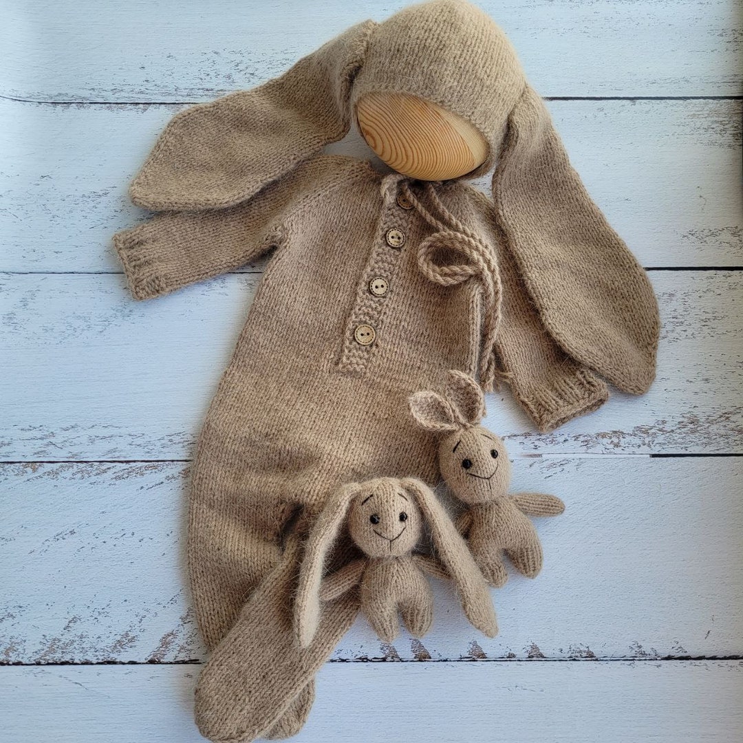 Beige Bunny Bonnet, Romper, Wrap, Toy. Rabbit Outfit/ Easter Newborn ...
