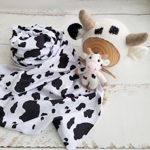 White Black Newborn cow bonnet and Stuffed cow toy. Newborn photo props